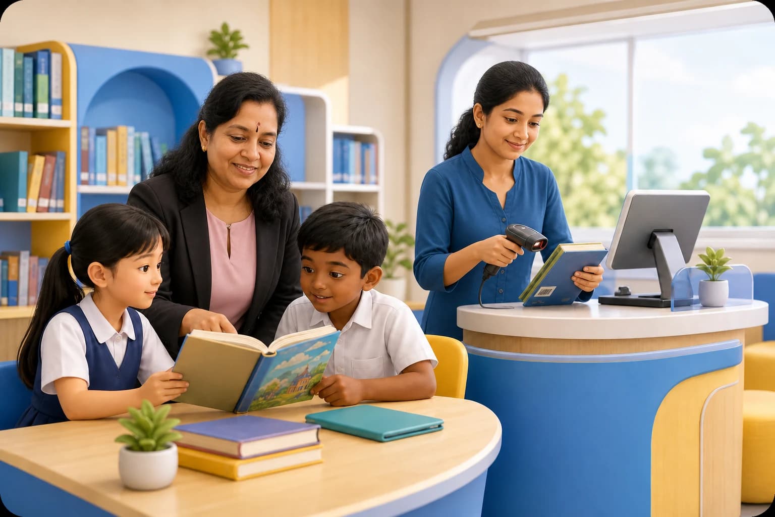 Guru India membimbing murid membaca sementara pustakawan mengimbas buku di pusat sumber sekolah